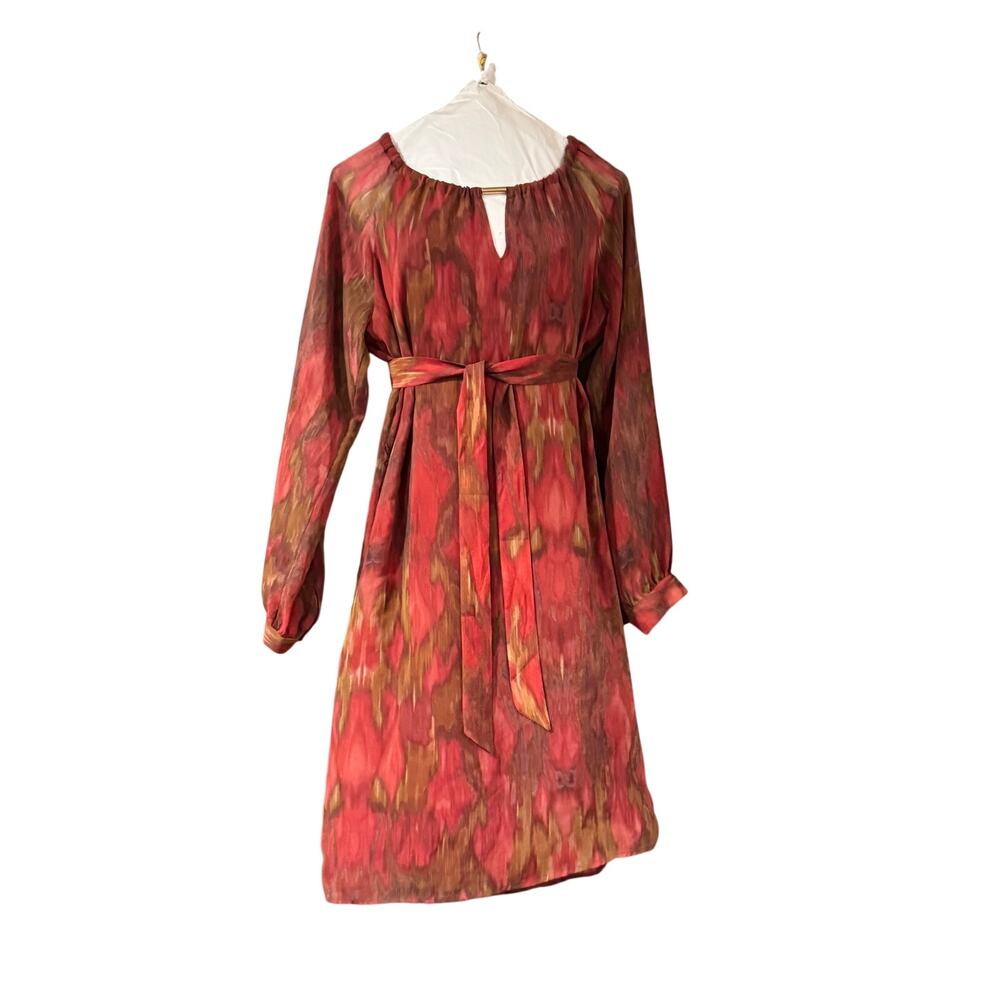 Banana Republic Heritage Red Ikat Chiffon Long Sleeve Keyhole Belted Dress Sz 12